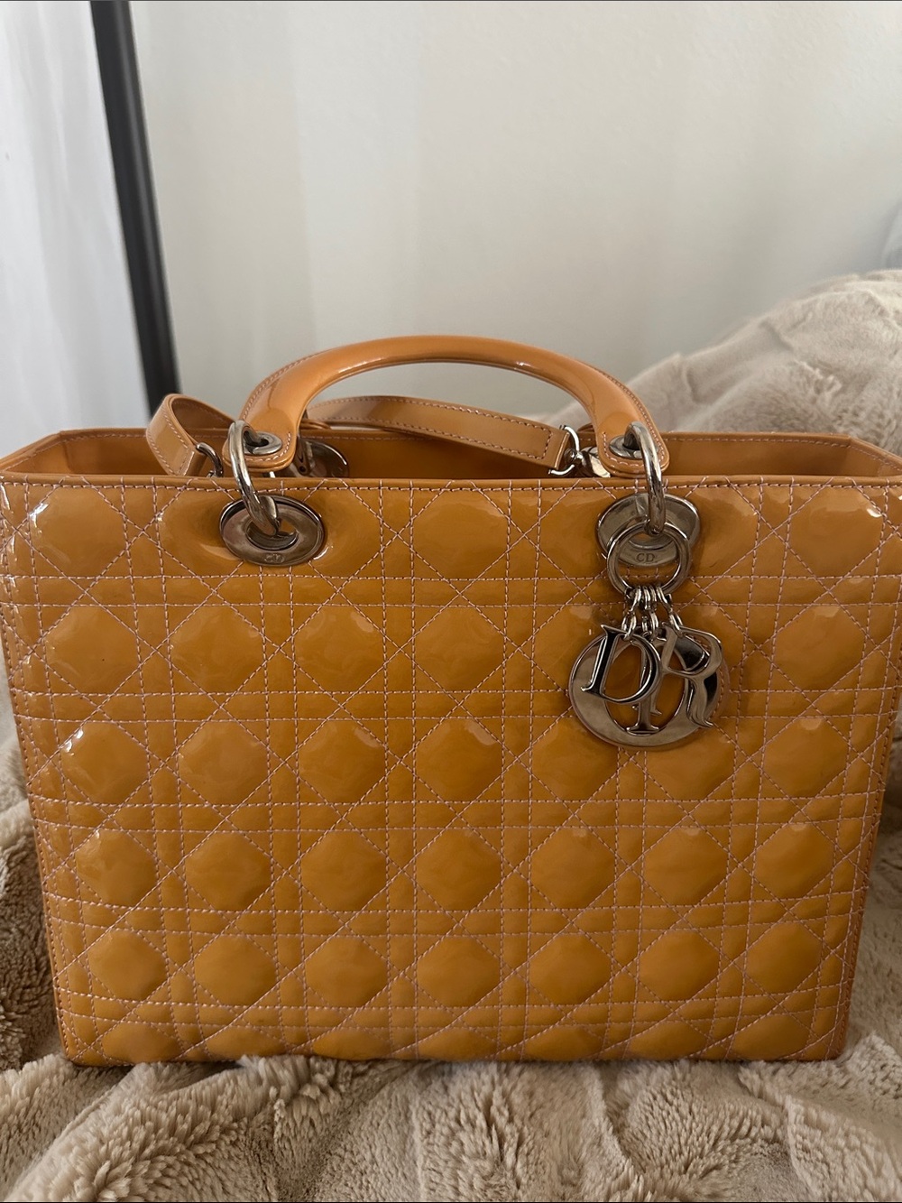 Dior Patent Quilted Satchel in mustard yellow